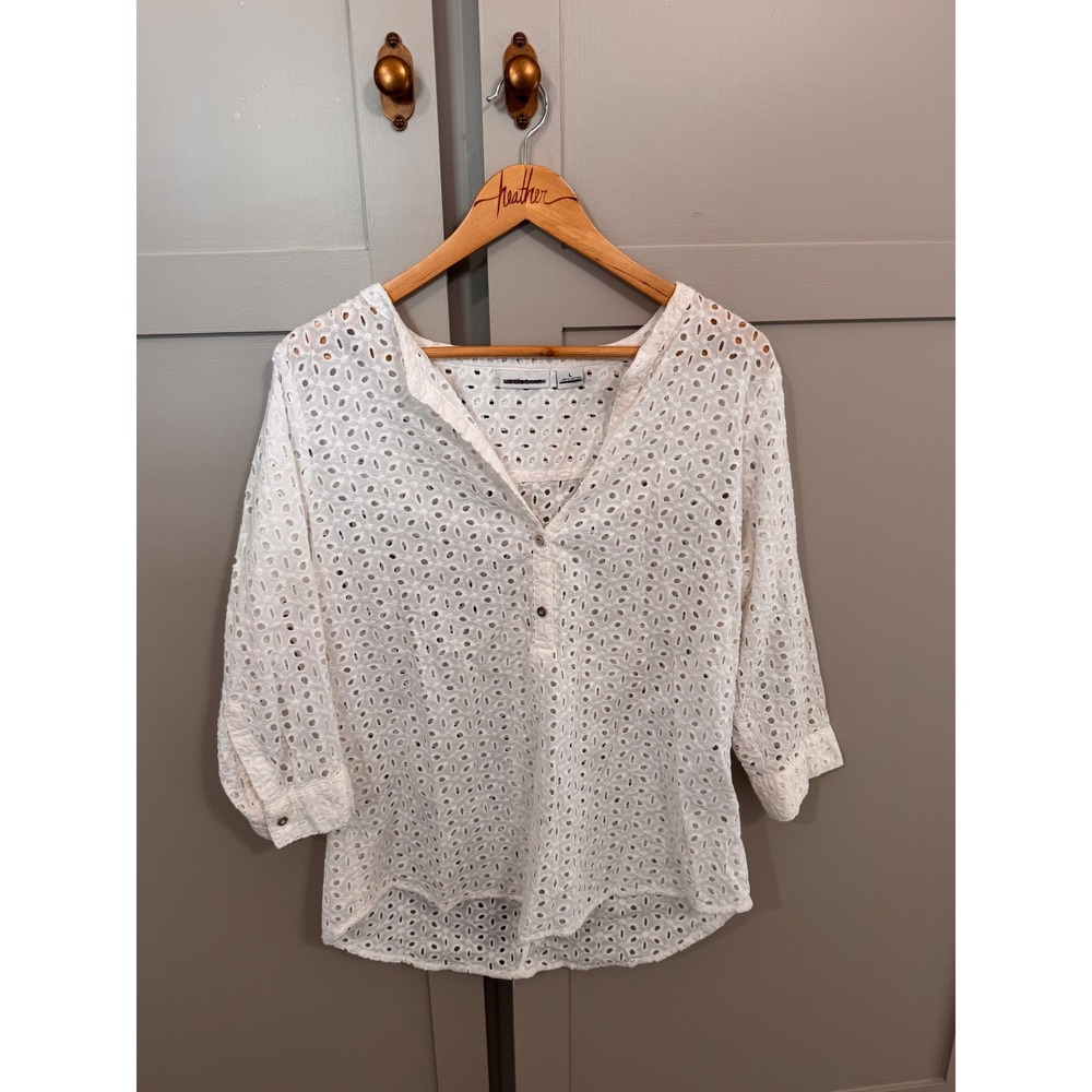 Liz Claiborne Womens White Eyelet Cotton Blouse 3/4 Sleeve Henley Top Large